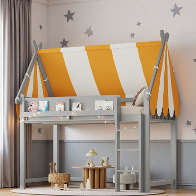 Loft Bed With Canopy, Led Lights And Book Shelf
