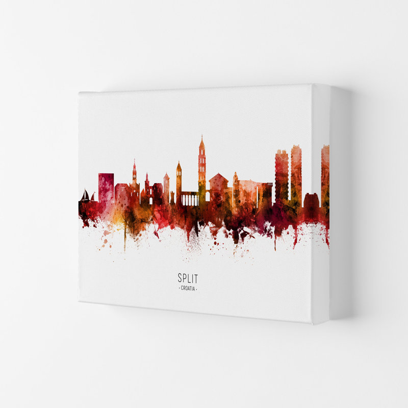 Split Croatia Skyline Red City Name by Michael Tompsett - Print, 42cm H x 59.4cm W x 4cm D, Wrapped Canvas