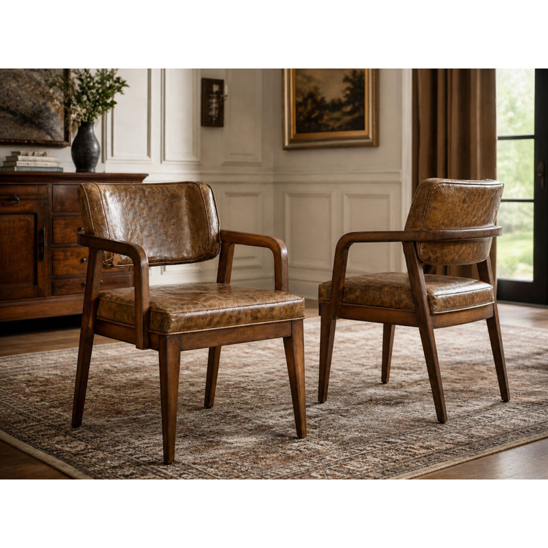 Ensemble de chaises de salle à manger en cuir synthétique de style rétro avec accoudoirs courbés en bois (ensemble de 2)