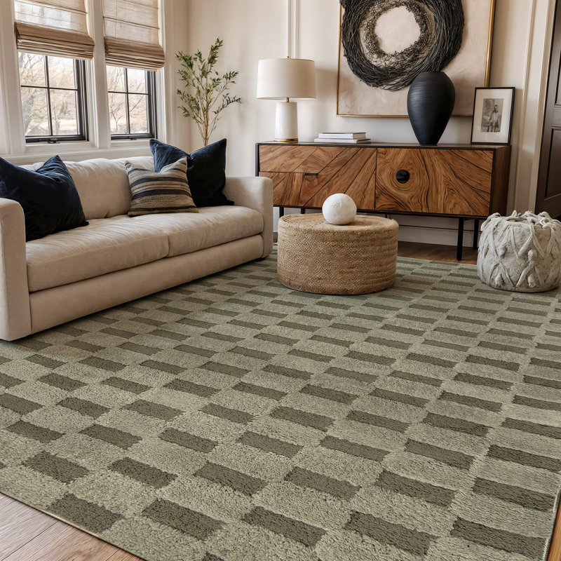 Tapis d'intérieur à poil long tissé à la machine à damier vert sauge, Vert, 7 pi 10 po x 10 pi