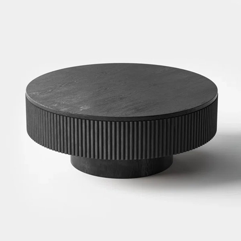 Sharna Pedestal Round Coffee Table, Handcrafted Solid Wood Fluted Design, Black, 13.78"H x 35.04"W x 35.04"D
