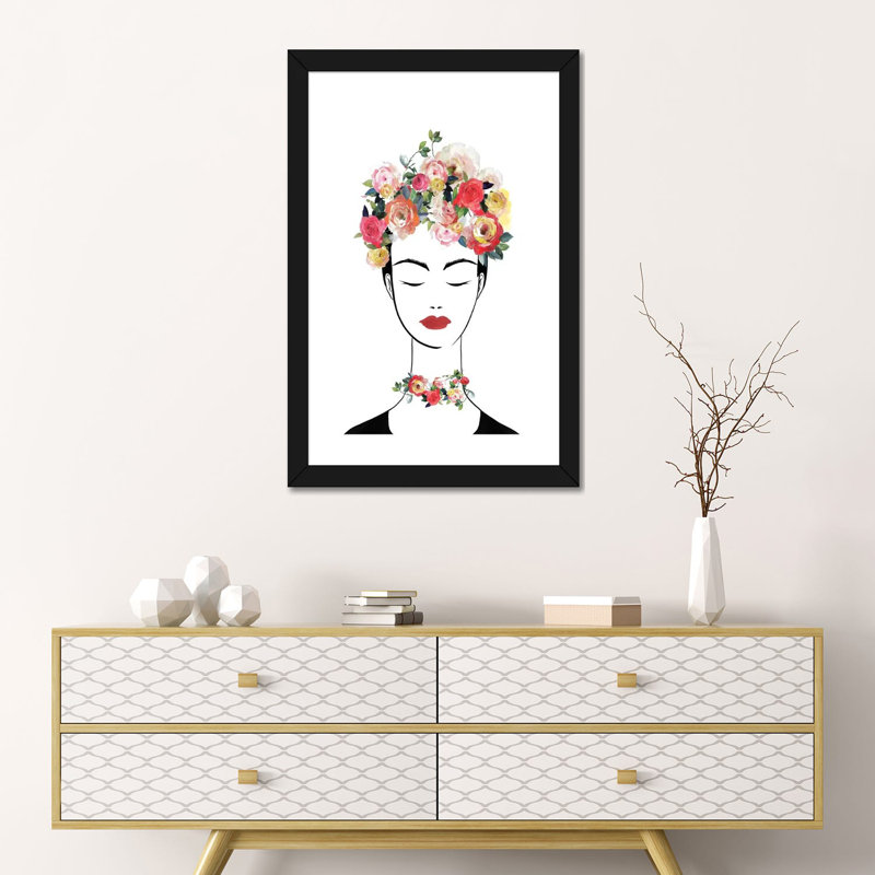 «Flower Crown Frida II» par Isabelle Z - impression d'art graphique, H 24 po x l 16 po x P 1 po, Papier encadré noir, Blanc