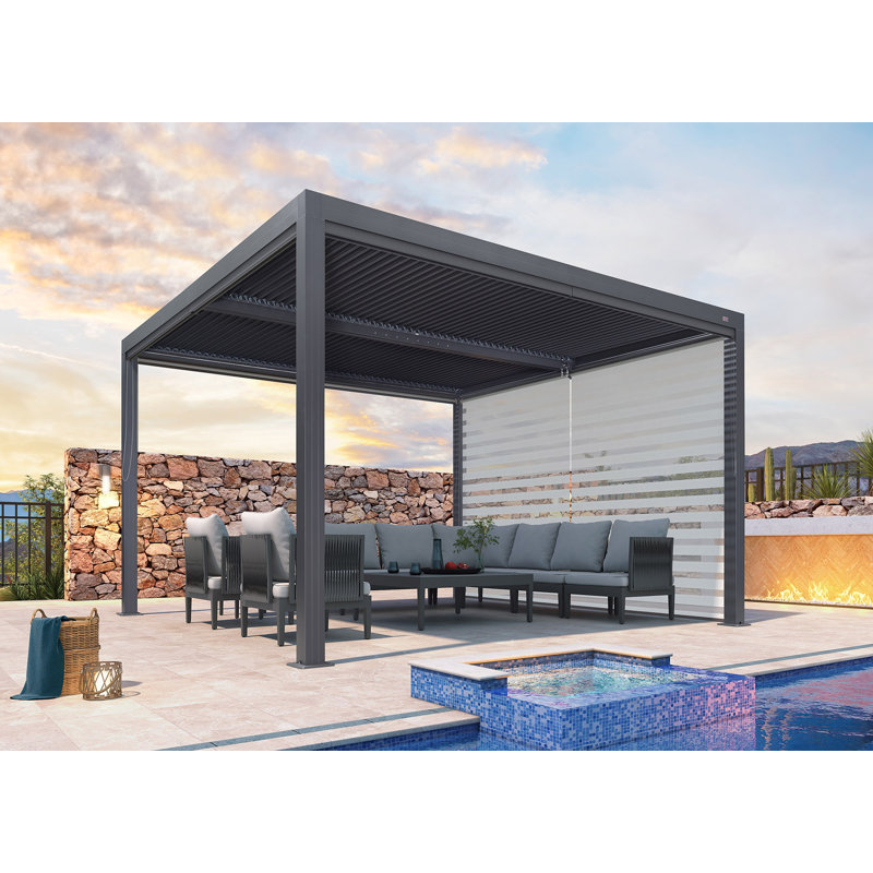 Abat-jour rétractable à persiennes mauve à motif de pergola à persiennes mauve, cadre gris, pergola non incluse