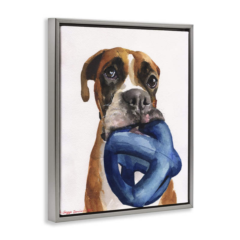 Cadre flottant blanc Boxer and His Toy, design par George Dyachenko, H 31 po x l 25 po, Cadre flottant gris lustré