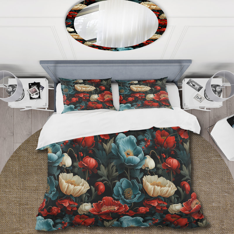 Literie florale rouge foncé et beige, Housse de couette pour très grand lit et 2 très
