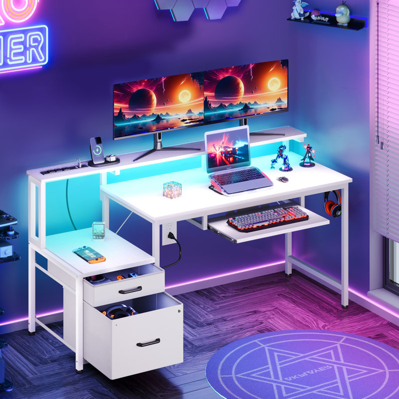 Harleysville Gaming Desk with Led Lights and Built-in Power Socket,Reversible Desk with Monitor Shelf and Cabinet ,Computer Desk with Pull-out Keyboard Tray