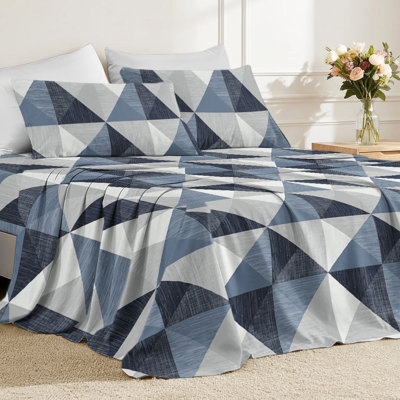 Ensemble de literie pour grand lit, draps de lit triangulaires géométriques avec poche profonde, ensemble de literie moderne en microfibre douce