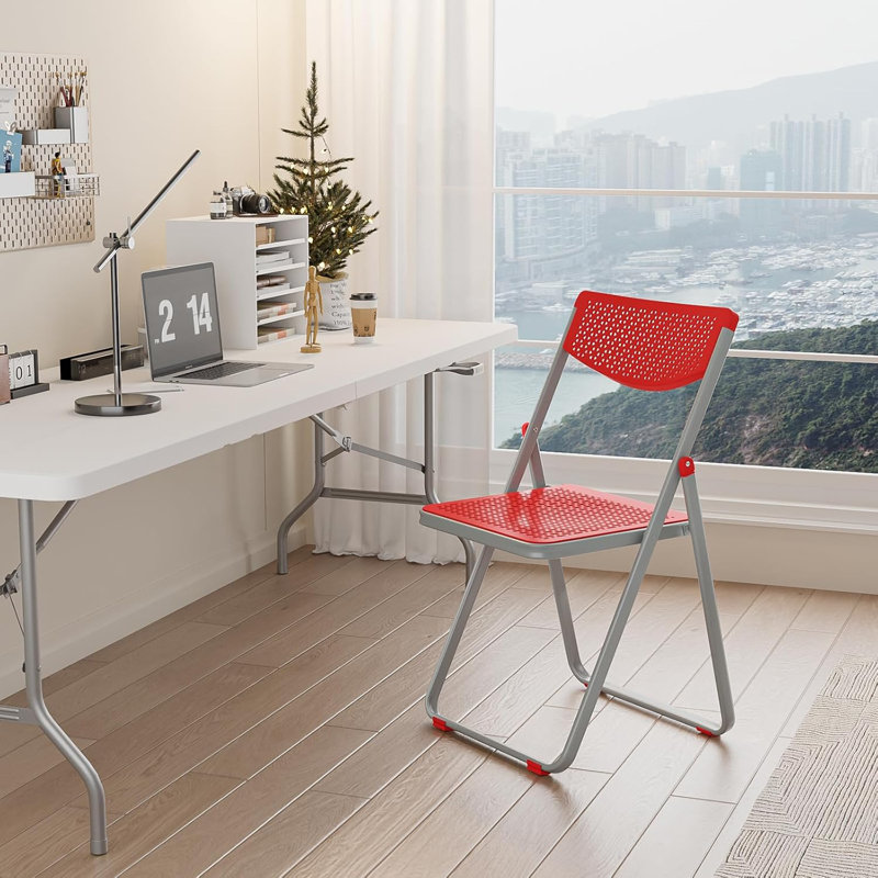 Red Openwork Pattern Plastic Folding Chairs(Set Of 4)