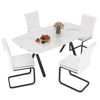 Rectangular dining table featuring a tempered glass tabletop with a marble-patterned design and black metal legs