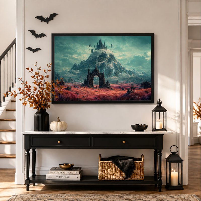 Château gothique sur la montagne du crâne avec toile murale d'Halloween flottante, H 20 po x l 30 po