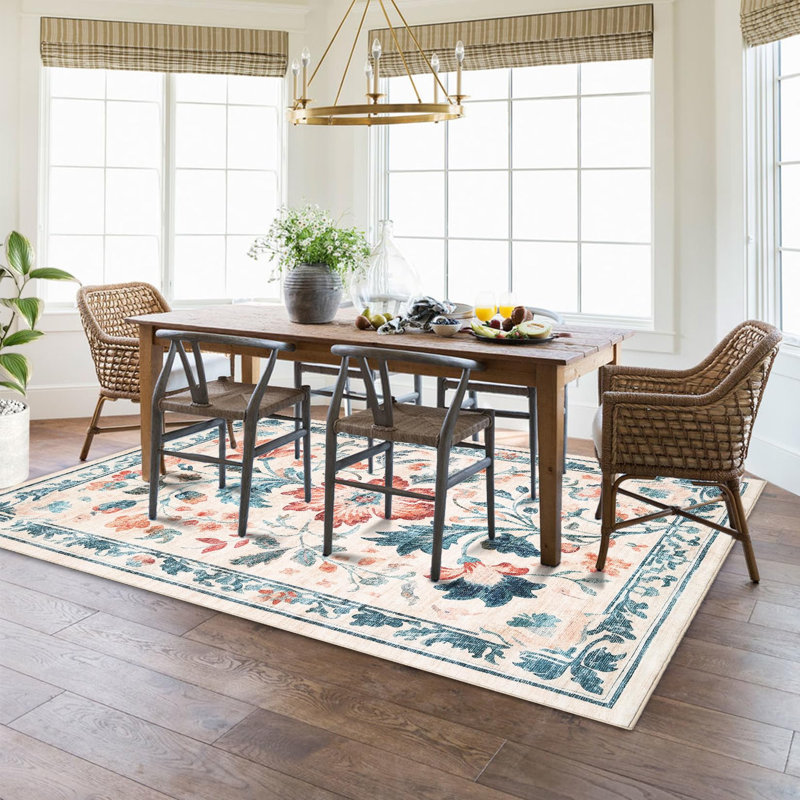 Washable Folding Floral Print Rug Washable Non - Slip Backing for Living Room Bedroom, Beige, Rectangle 8' x 10'