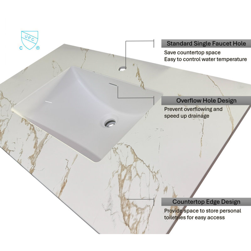 Comptoir de meuble-lavabo en résine de polyuréthane à surface solide avec lavabo, couleur durable, couleur uniforme, facile à nettoyer, trop-plein intégré, l 25 po x P 22 po
