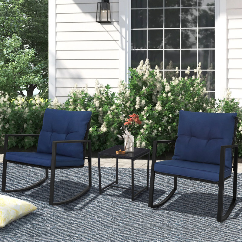Kinzie Wicker 3 Piece Outdoor Rocking Chairs set, Patio Bistro Set with Cushions and Coffee Table, Dark Blue, Black
