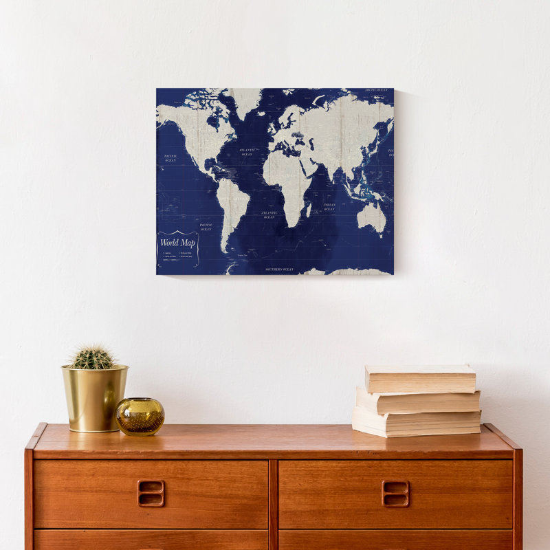 Carte du monde bleu marine sur toile, H 11 po x l 14 po x P 1,25 po