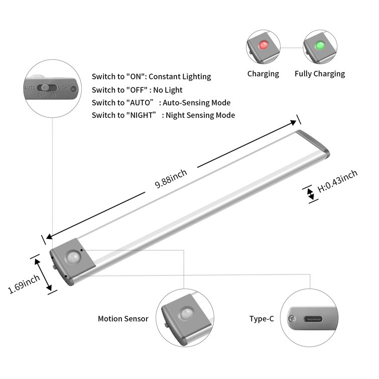 Lepotec 40ledsilvercoolwhite2pack 9.88Inch 40 LED Cool Wireless Rechargeable Motion Sensor Cabinet Light (Set of 2)