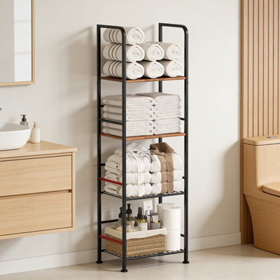 Porte-serviettes sur pied à 4 niveaux avec séparateurs amovibles en forme de M, organisateur de rangement de salle de bain en métal et bois durable, porte-serviettes peu encombrant pour la salle de bain et le bord de la piscine