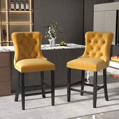 Velvet Upholstered Bar Stool with Button Tufted Back, Bar Chairs,Bar stools, Set of 2