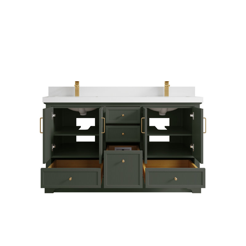 Meuble-lavabo double autoportant de 60 po avec plateau en quartz Alys (option poignées)