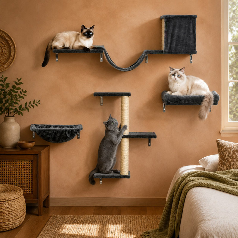 Ensemble robuste 5 en 1 d'étagères murales et d'escalade pour chats de grande taille, utilisable dans plusieurs pièces, comprenant un grand hamac de 17 pouces et un lit perchoir mural.