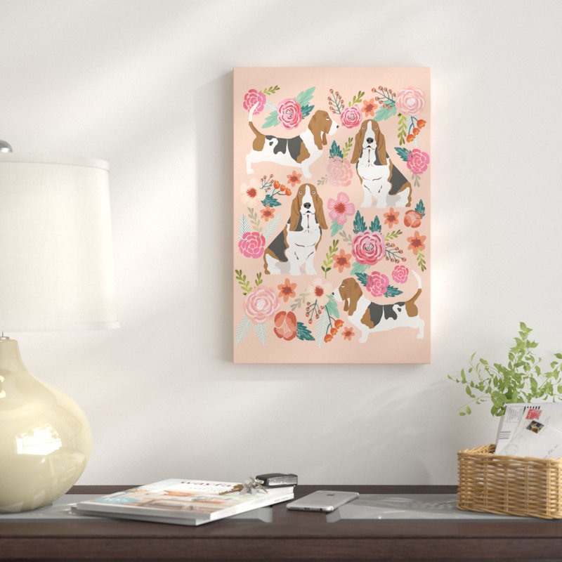 Collage floral basset hound, impression sur toile tendue, H 26 po x l 18 po x P 1,5 po, Toile avec cadre noir, Pas de tapis