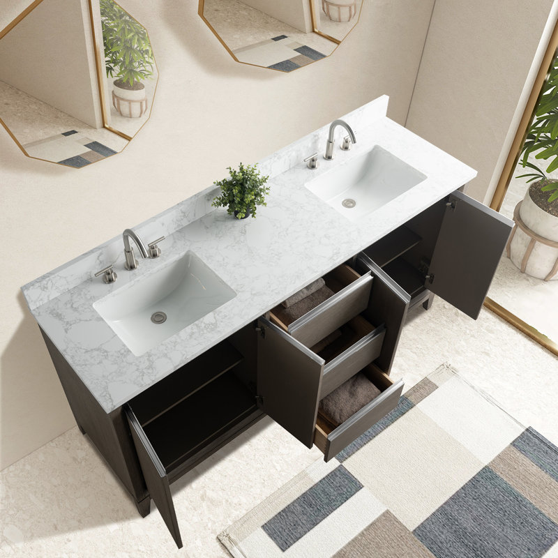 Meuble-lavabo double 60 po avec comptoir, Bois flottant gris, Lit double, 72"