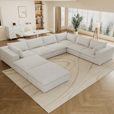 157.6" White Double - Layer Deep Seat In Corduroy, 8 Seats, Removable Cushion, No Assembly, Modular For Living, Bedroom, Conference, Comfortable Exper