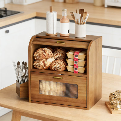 Boîte à pain en bois rétro avec fenêtre à roulettes et rangement latéral, organisateur de comptoir de cuisine de grande capacité pour le pain, les pâtisseries et les fournitures de cuisine