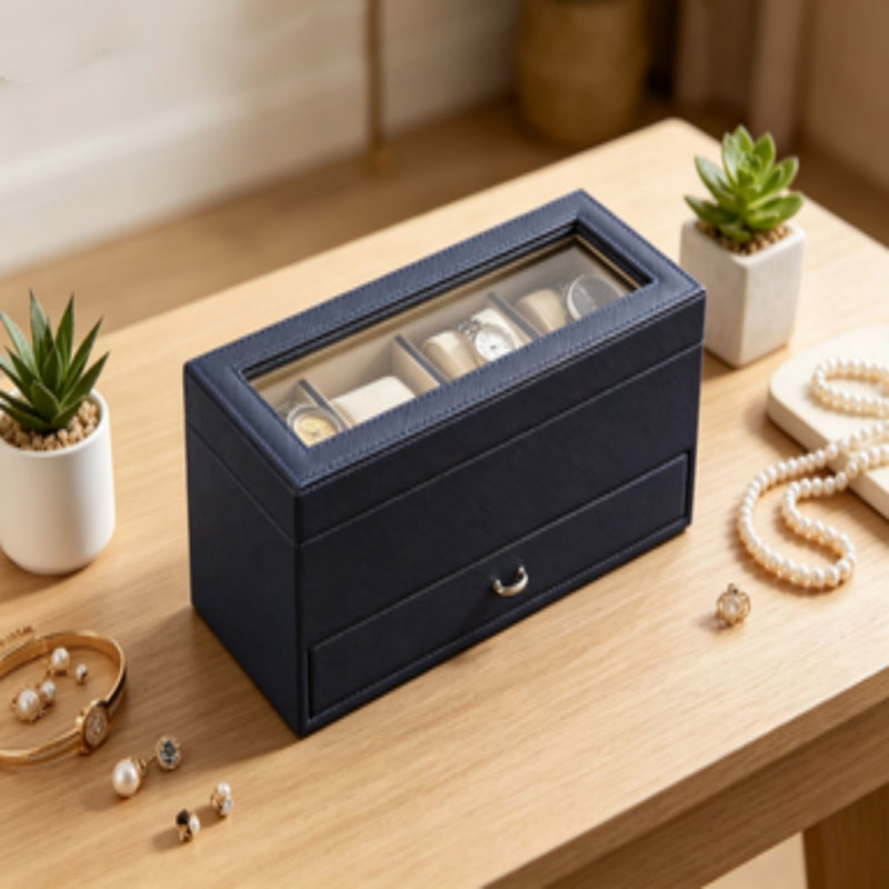 9.3 Inch Navy Blue Textured Leatherette Watch Jewelry Display Case with Tempered Glass Lid & Storage Drawer