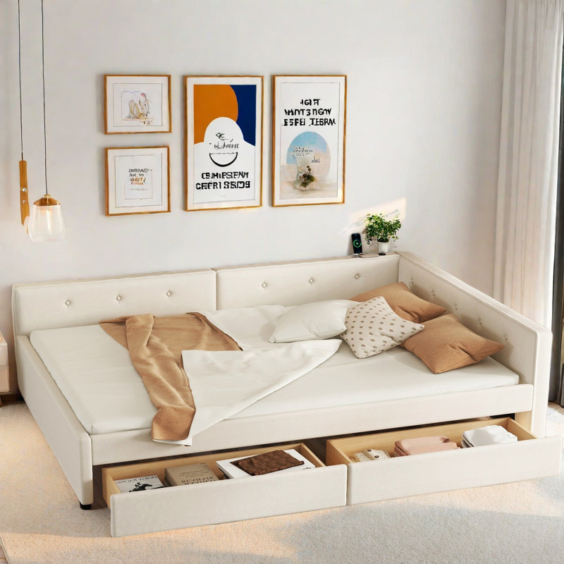 Upholstered Platform Bed With Usb Ports And 2 Drawers, Full/Double