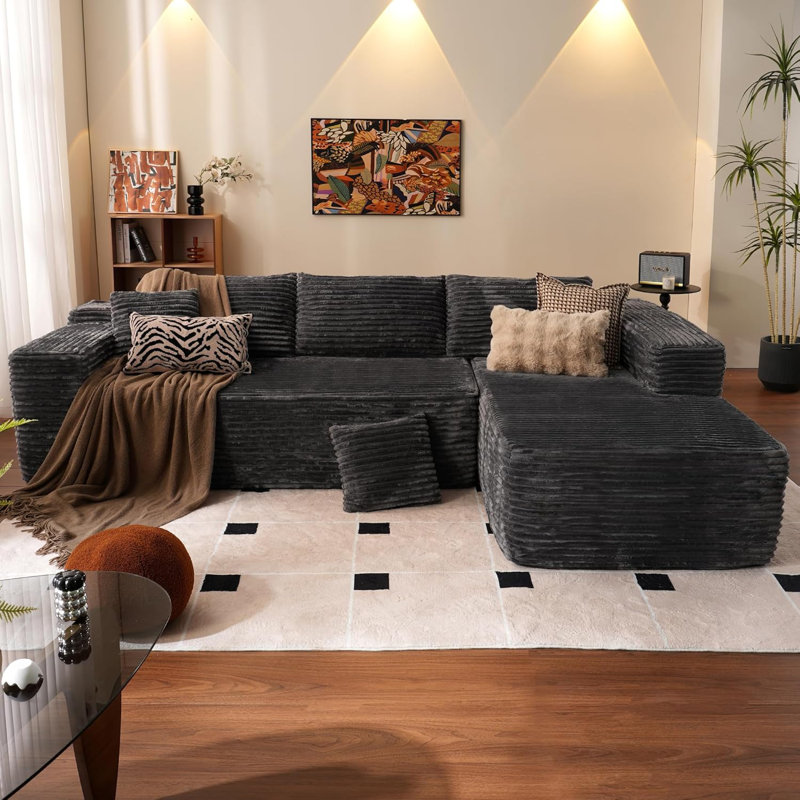 Canapé modulaire 104 po avec méridienne en L 104 po Cloud, Velours côtelé gris