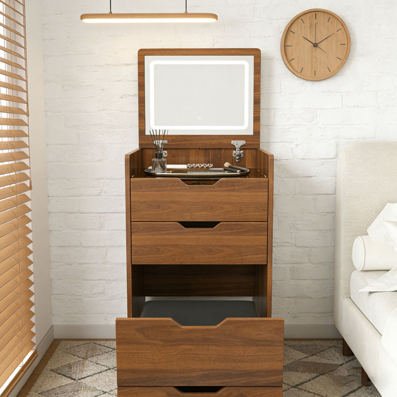 3-in-1 Vanity Desk with Lighted Mirror and Stool, Walnut-18.9"L