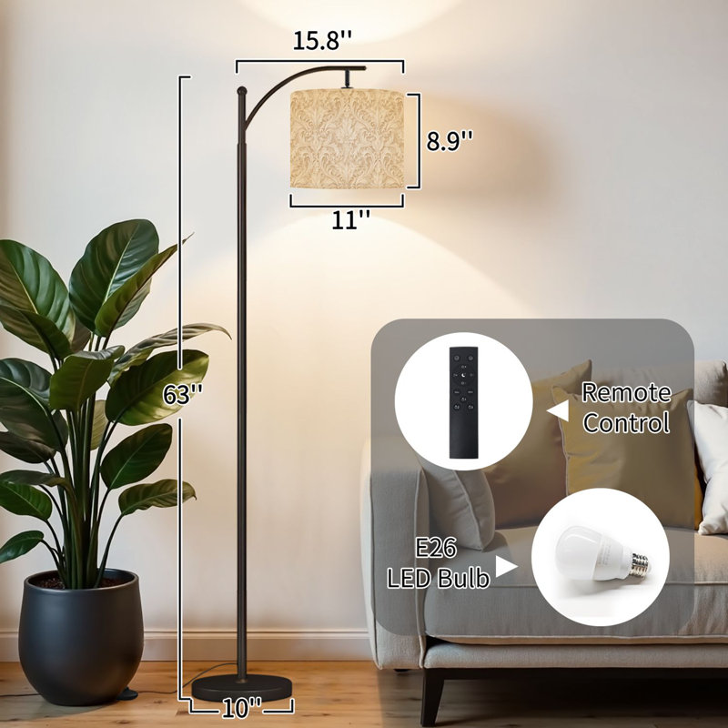 Lampe sur pied à arc avec abat-jour réglable Élégante lampe sur pied damassée à motif floral blanc et beige doux
