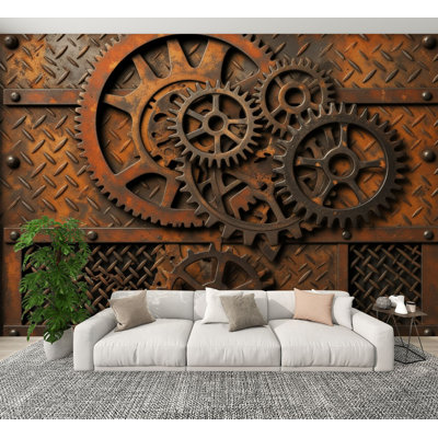 Industrial Decorative Mural Rusty Gears Industrial Metal Design Steampunk Elements Wallpaper 100"H x 144"W Self-Adhesive Wall Decor for Bedroom