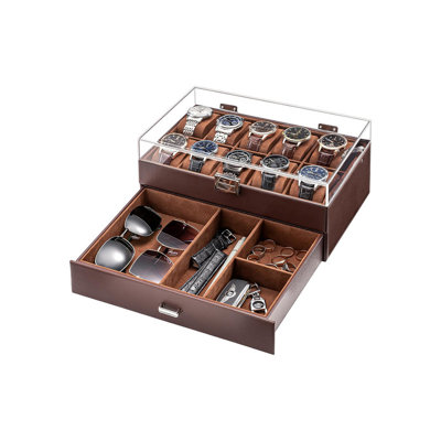 10 Slot Watch Display Case Watch Box Organizer With Drawer 2Layer Jewelry and Watch Storage