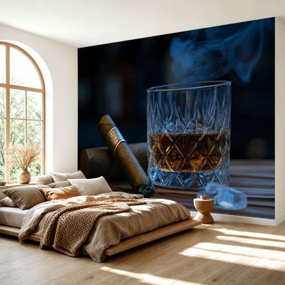 Wall Mural Peel and Stick Wallpaper Cigar Wine Whisky Liquor Still Life Whiskey Glass Ice Cubes Self-Adhesive Removable Contact Paper Wall Decor for Living Room Bedroom 69"H x 96"W