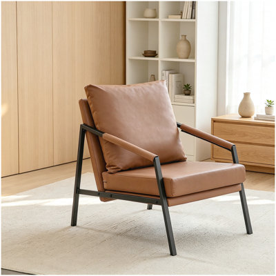 Fauteuil d'appoint moderne en similicuir, fauteuil rembourré simple avec structure en métal noir robuste, fauteuil de lecture industriel pour le salon, la chambre, la salle d'attente et le bureau, brun