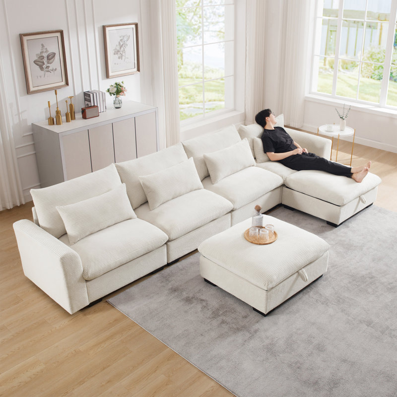 Modular Large U-Shape Sectional Sofa,Double Extra Ottomans, White Chenille