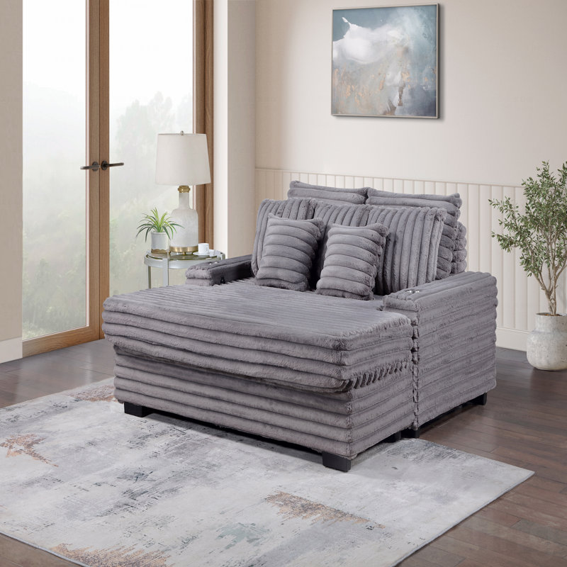 Fauteuil d'appoint surdimensionné en velours côtelé de 67 po de largeur avec fauteuil en cuivre et port USB, Gris