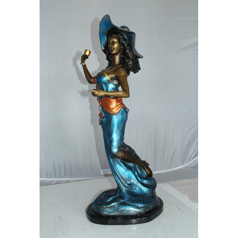 Lady Holding a Wine Glass Bronze Statue -  Size: 9"L x 11"W x 26"H.
