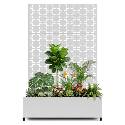 Outdoor Elevated Metal Raised Garden Bed with Trellis & Lockable Wheels, Mobile Planter Wall for Climbing Vines & Vegetables