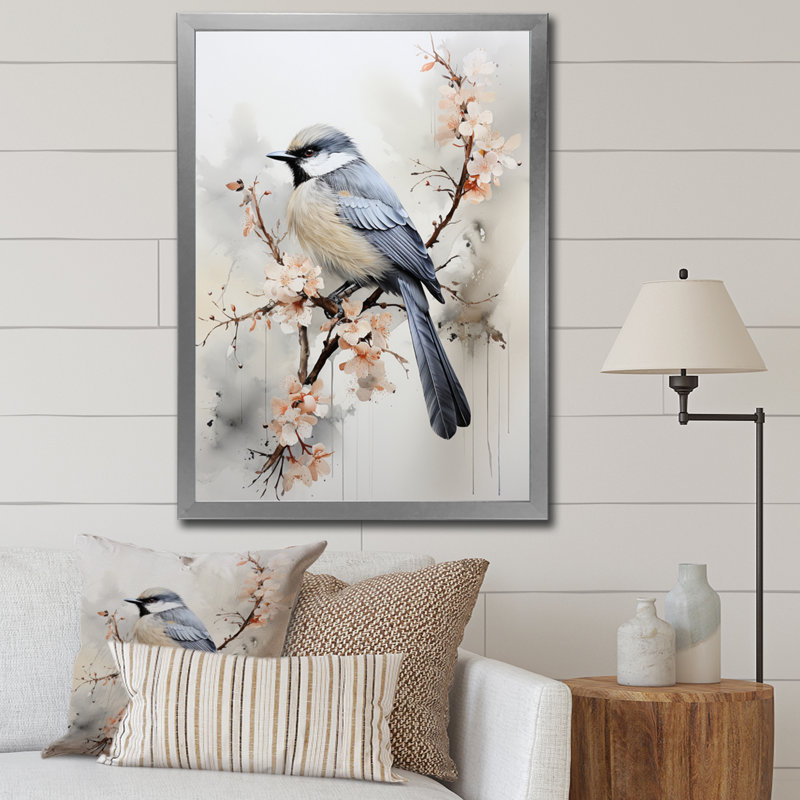 «Hosna Asian Art Bird Sumi II», reproduction sur toile, Cadre photo argenté, H 40 po x l 30 po x P 1,5 po