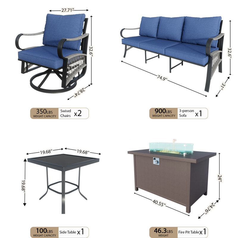 5 - Person Outdoor Metal Seating Group With Thick Blue Cushions, Patio Furniture Set Includes Rocking Swivel Chairs With Fire Pit Table And Side Table