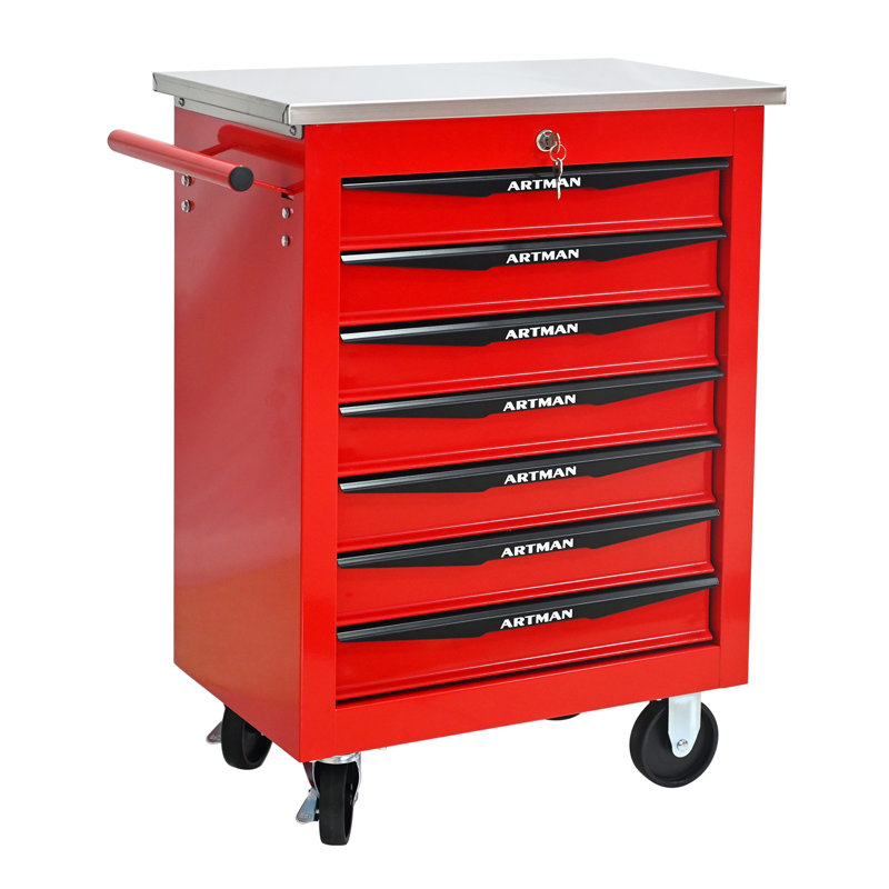 Chariot à outils à tiroirs avec roulettes, Rouge / Noir