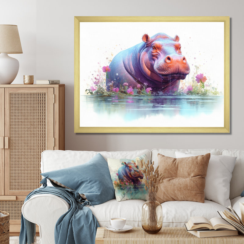 Hippopotame animé sur toile, H 30 po x l 40 po x P 1,5 po, Cadre doré à une seule photo
