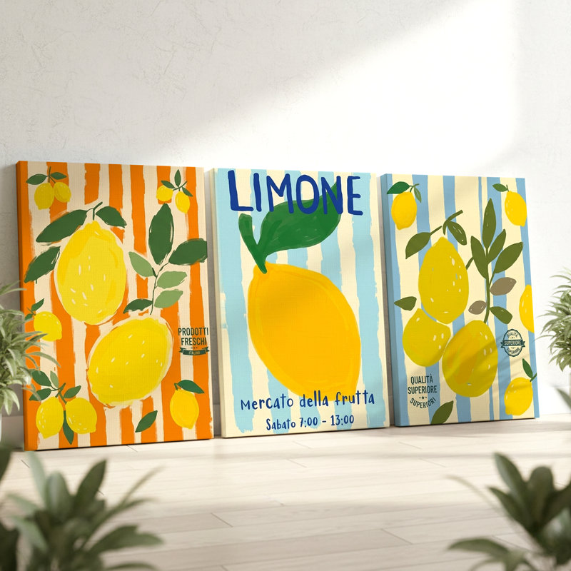 3 Pieces Vibrant Lemon Fruit Illustration with Stripes Large Wall Art for Kitchen, Three Pieces Wall Art for Living Room, Bedroom, and Office Decor