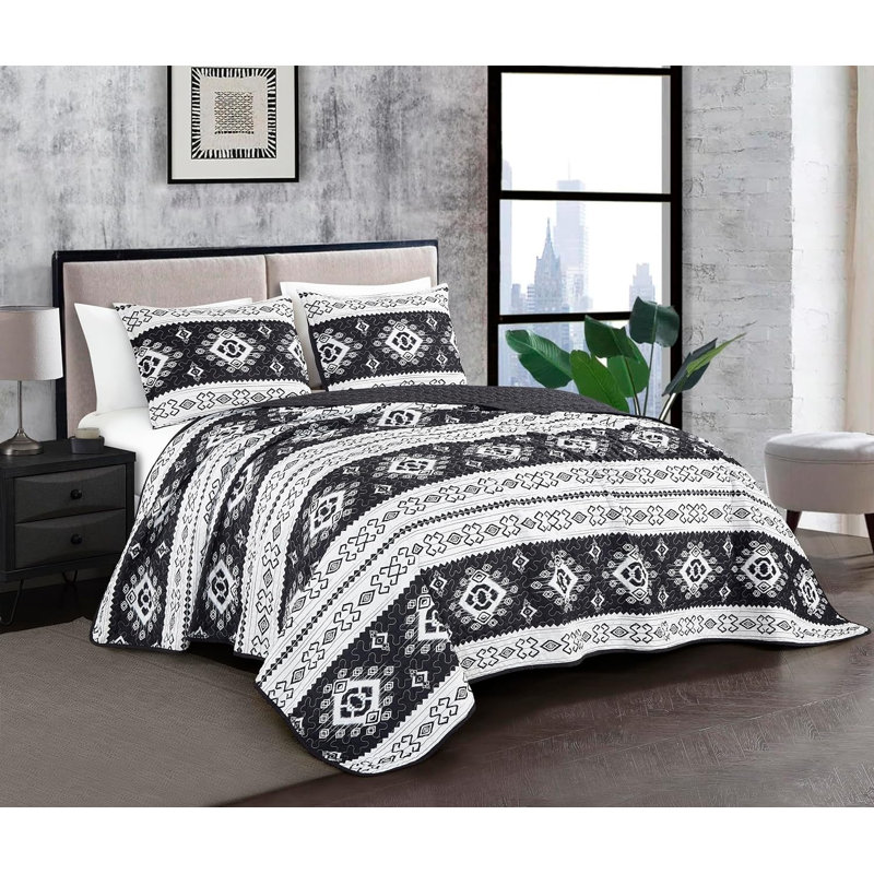 Indie Boho Geometric Symbols Microfiber Quilt Set, Queen Quilt + 2 Standard Shams