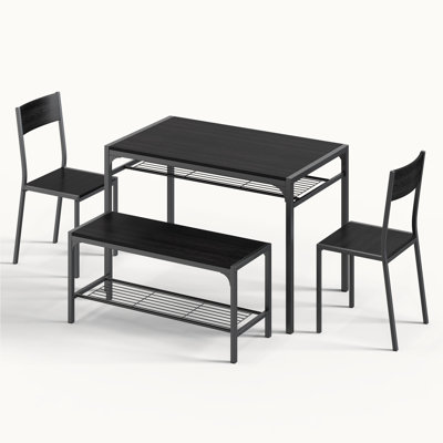 Modern 4-Piece Dining Room Set with Storage Shelves and Bench, Kitchen Table and Chairs for 4 with 2 Ergonomic Chairs, Space-Saving Dining Set for Kitchen & Living Room