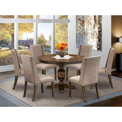 Ensemble de salle à manger 7 pièces composé d'une table de salle à manger ronde avec piédestal et 6 chaises Parson rembourrées en tissu kaki foncé