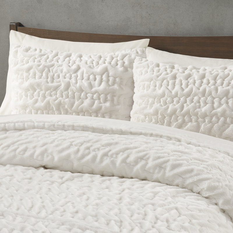 Blair Ruched Faux Fur Comforter Set, Full/Queen Comforter + 2 Standard Shams, Ivory/White