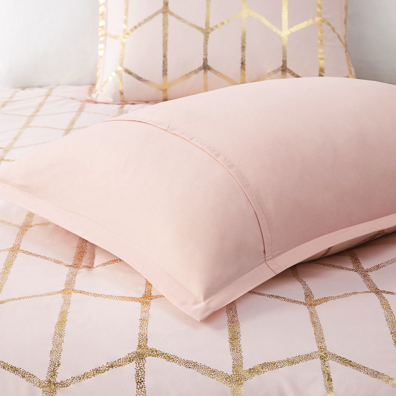 Édredon en rosé avec coussins décoratifs à médaillon métallique, Édredon double/grand + 4 pièces additionnelles, Rosé / doré